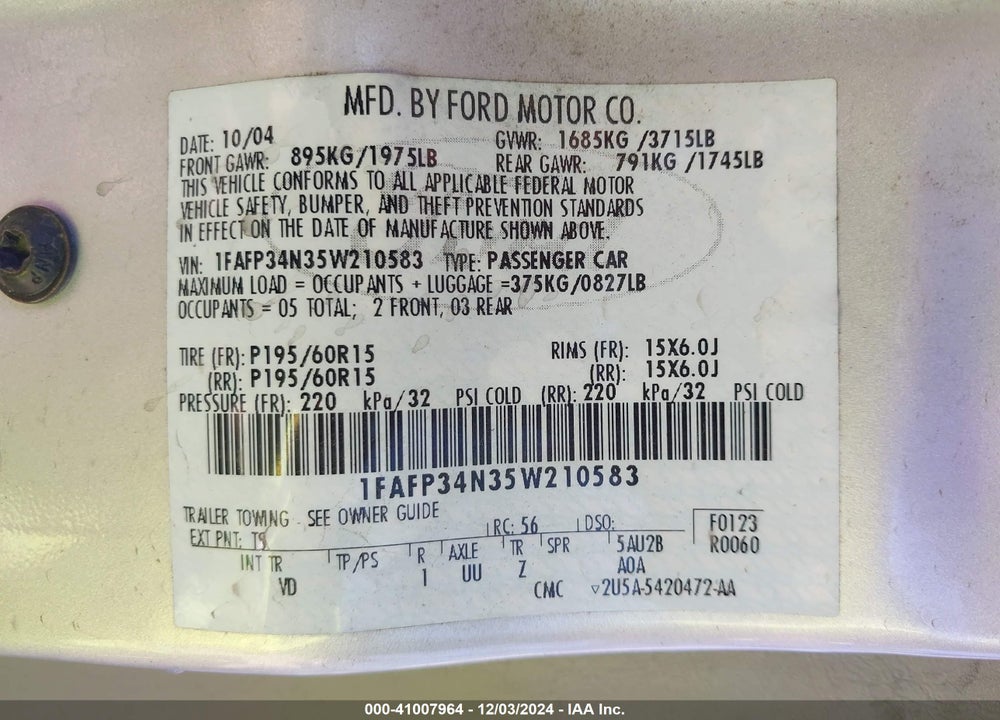2005 FORD FOCUS ZX4 VIN: 1FAFP34N35W210583
