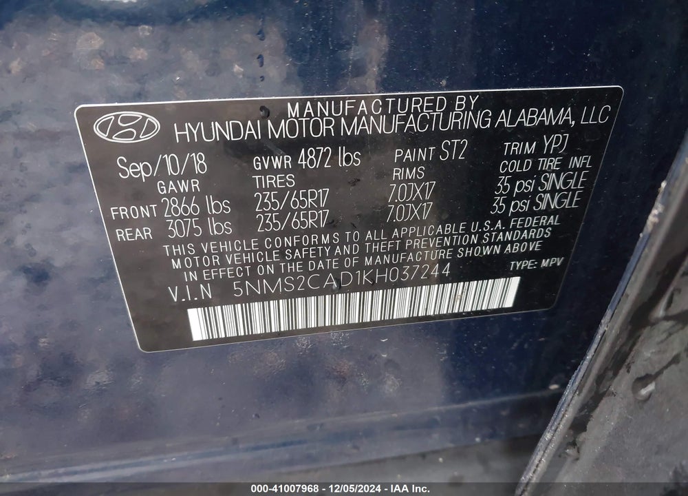 2019 HYUNDAI SANTA FE SE VIN: 5NMS2CAD1KH037244