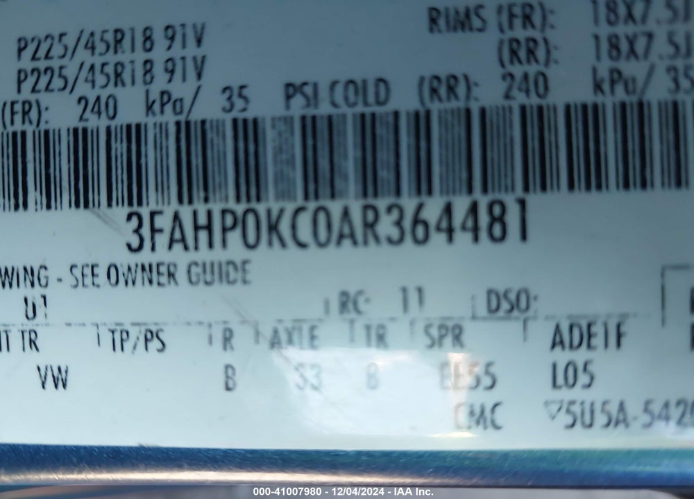 2010 FORD FUSION SPORT VIN: 3FAHP0KC0AR364481