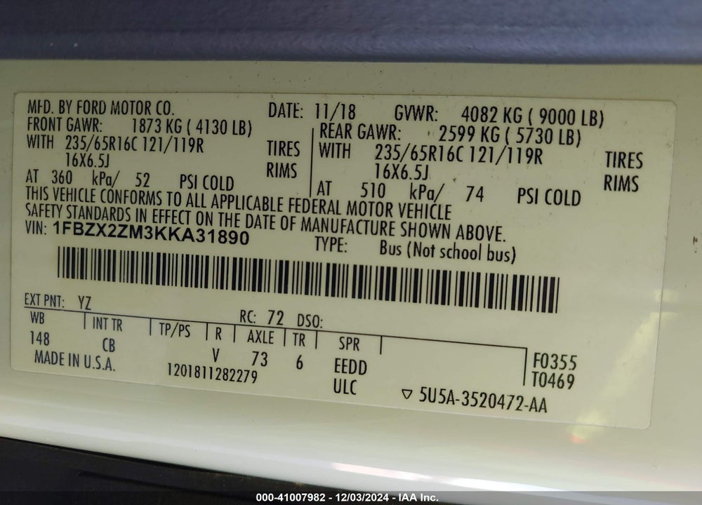 2019 FORD TRANSIT-350 XLT VIN: 1FBZX2ZM3KKA31890