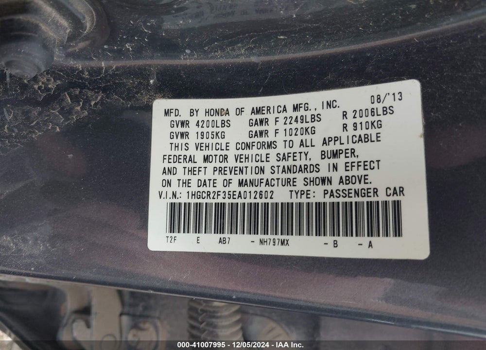 2014 HONDA ACCORD LX VIN: 1HGCR2F35EA012602