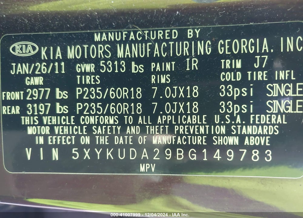 2011 KIA SORENTO EX V6 VIN: 5XYKUDA29BG149783