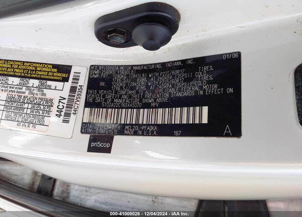 2006 TOYOTA SIENNA XLE VIN: 5TDZA22C16S445070