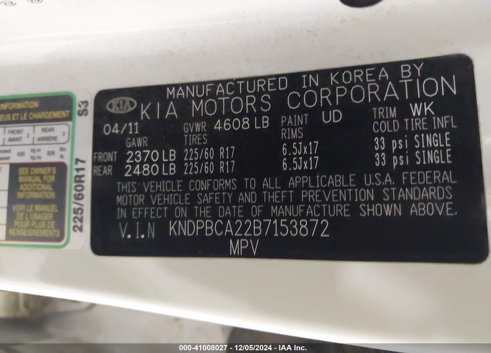 2011 KIA SPORTAGE VIN: KNDPBCA22B7153872