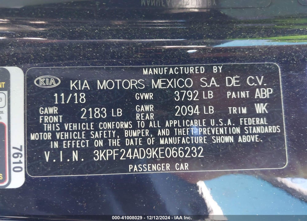 2019 KIA FORTE LXS VIN: 3KPF24AD9KE066232