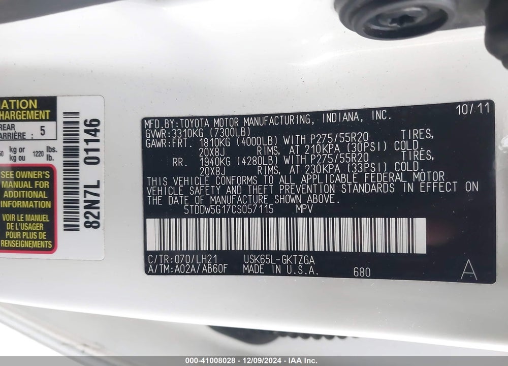 2012 TOYOTA SEQUOIA PLATINUM 5.7L V8 VIN: 5TDDW5G17CS057115