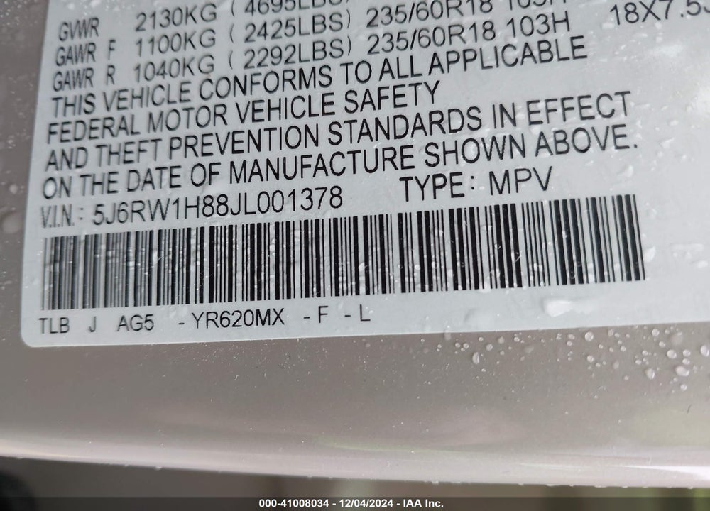 2018 HONDA CR-V EX-L/EX-L NAVI VIN: 5J6RW1H88JL001378