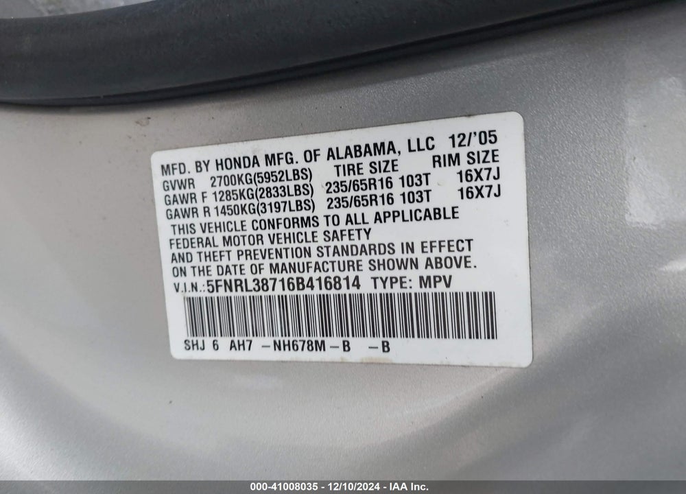 2006 HONDA ODYSSEY EX-L VIN: 5FNRL38716B416814