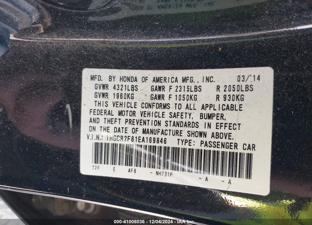 2014 HONDA ACCORD EX-L VIN: 1HGCR2F81EA169846