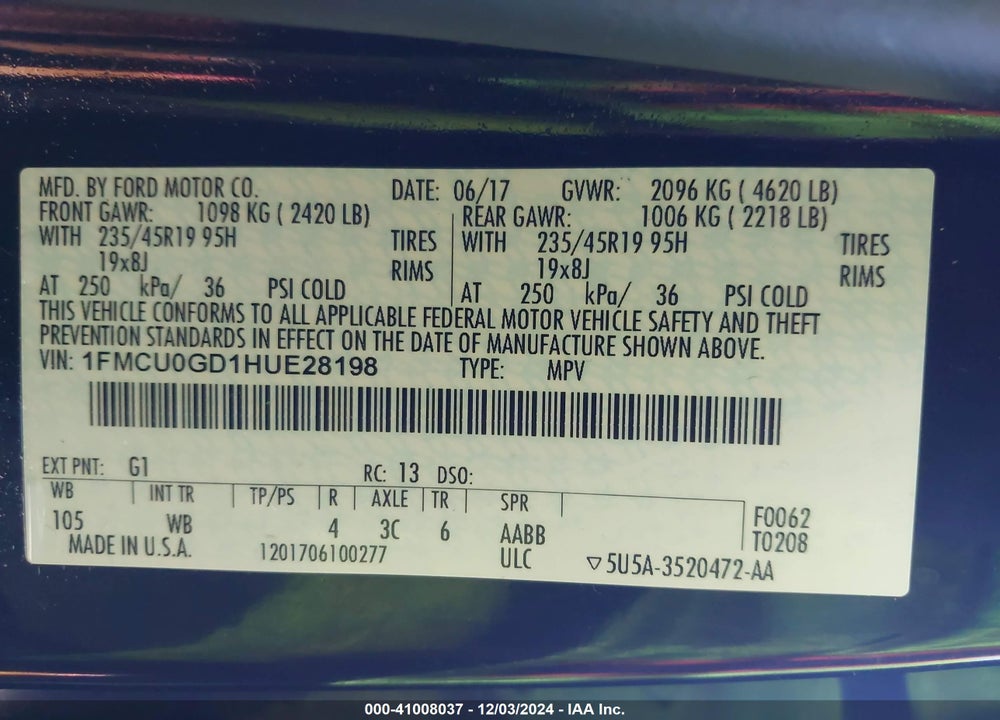 2017 FORD ESCAPE SE VIN: 1FMCU0GD1HUE28198