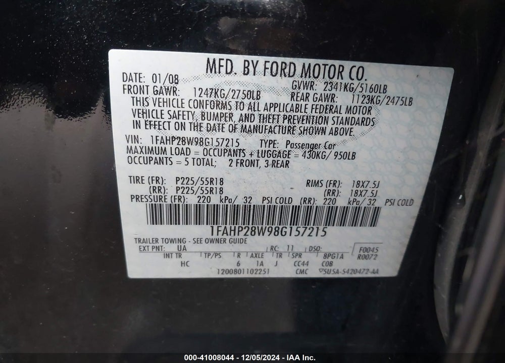 2008 FORD TAURUS LIMITED VIN: 1FAHP28W98G157215