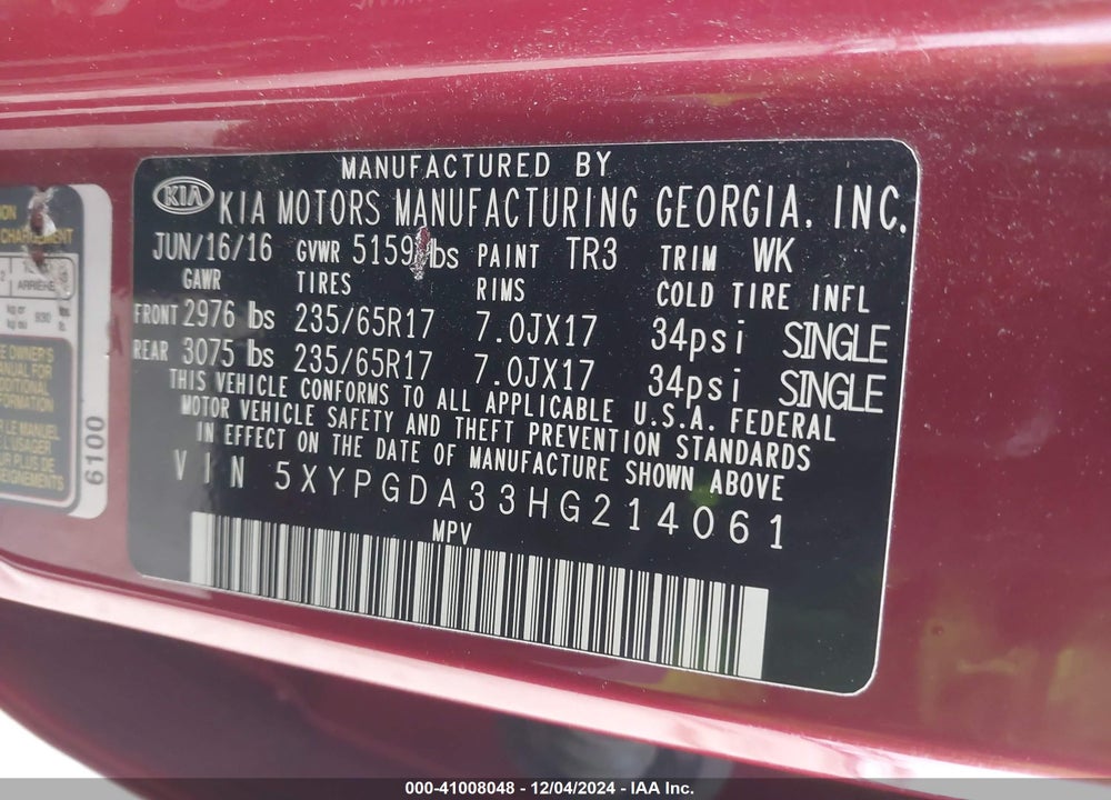 2017 KIA SORENTO 2.4L LX VIN: 5XYPGDA33HG214061