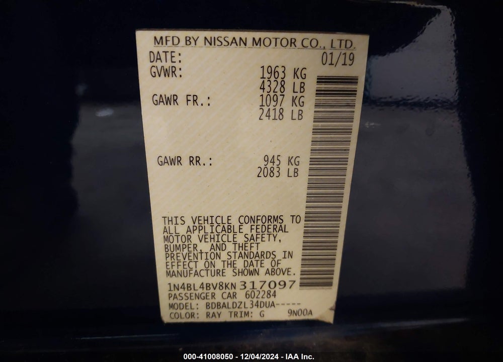 2019 NISSAN ALTIMA 2.5 S VIN: 1N4BL4BV8KN317097
