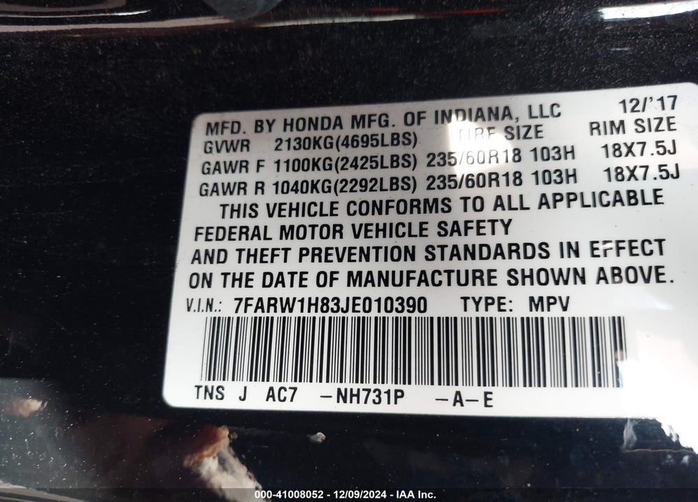 2018 HONDA CR-V EX-L/EX-L NAVI VIN: 7FARW1H83JE010390