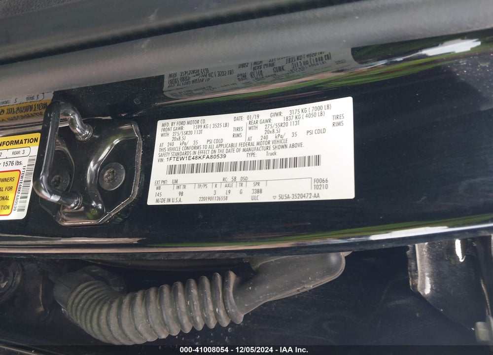 2019 FORD F-150 PLATINUM VIN: 1FTEW1E48KFA80539