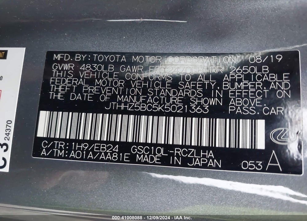 2019 LEXUS RC 350 VIN: JTHHZ5BC5K5021363