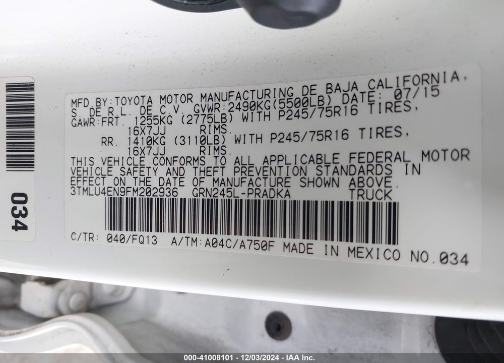 2015 TOYOTA TACOMA BASE V6 VIN: 3TMLU4EN9FM202936