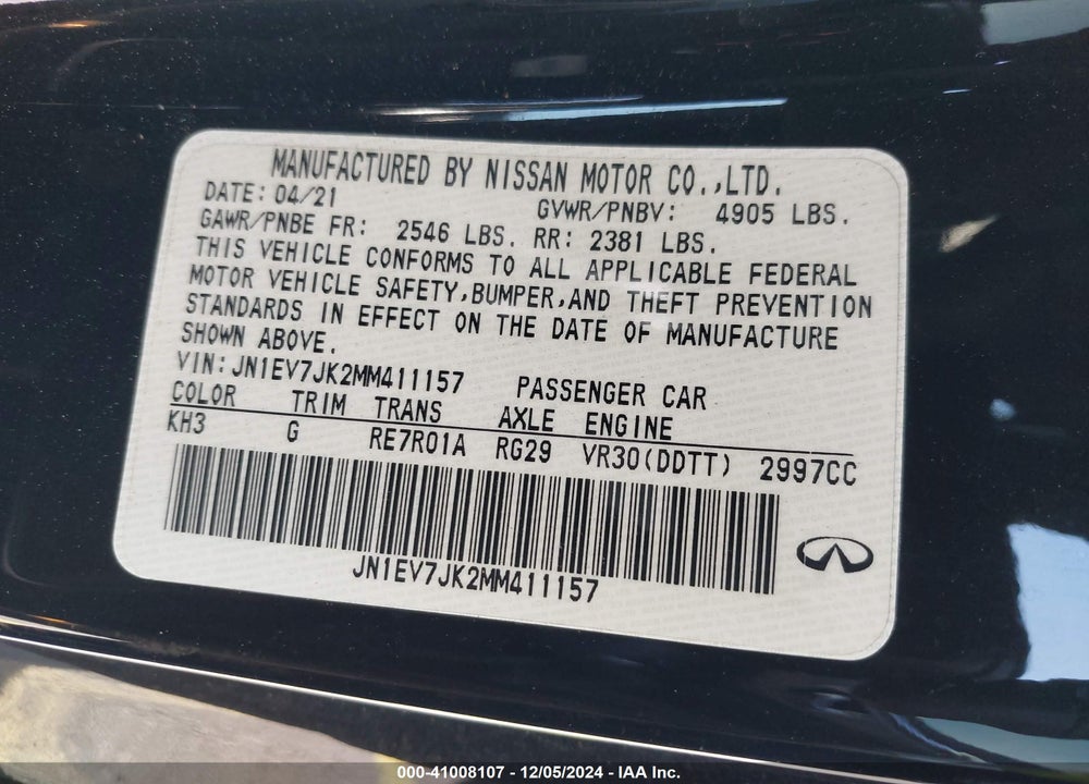 2021 INFINITI Q60 PURE VIN: JN1EV7JK2MM411157
