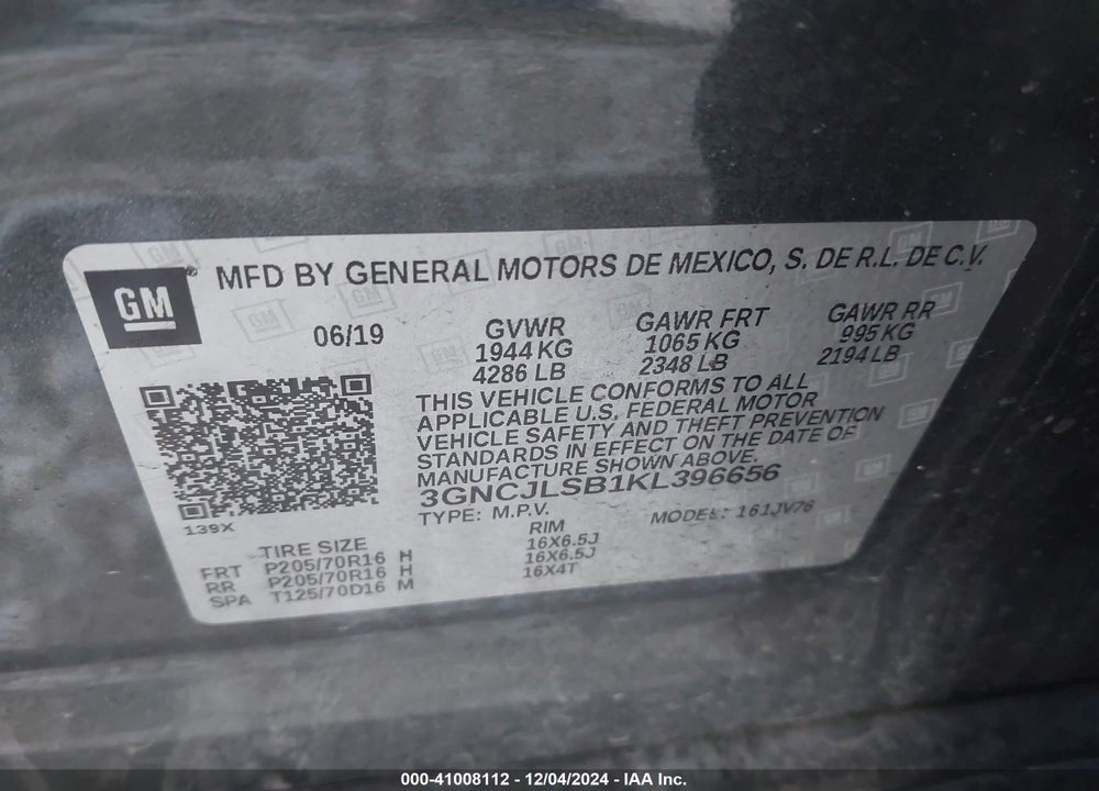 2019 CHEVROLET TRAX LT VIN: 3GNCJLSB1KL396656