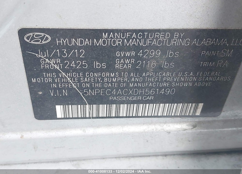 2013 HYUNDAI SONATA SE VIN: 5NPEC4ACXDH561490