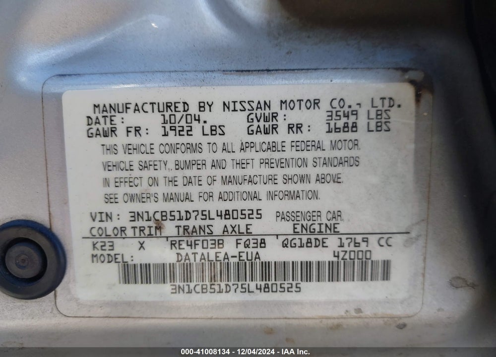 2005 NISSAN SENTRA 1.8S VIN: 3N1CB51D75L480525