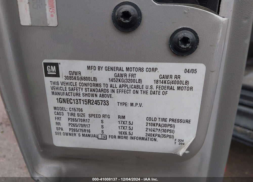 2005 CHEVROLET TAHOE Z71 VIN: 1GNEC13T15R245733