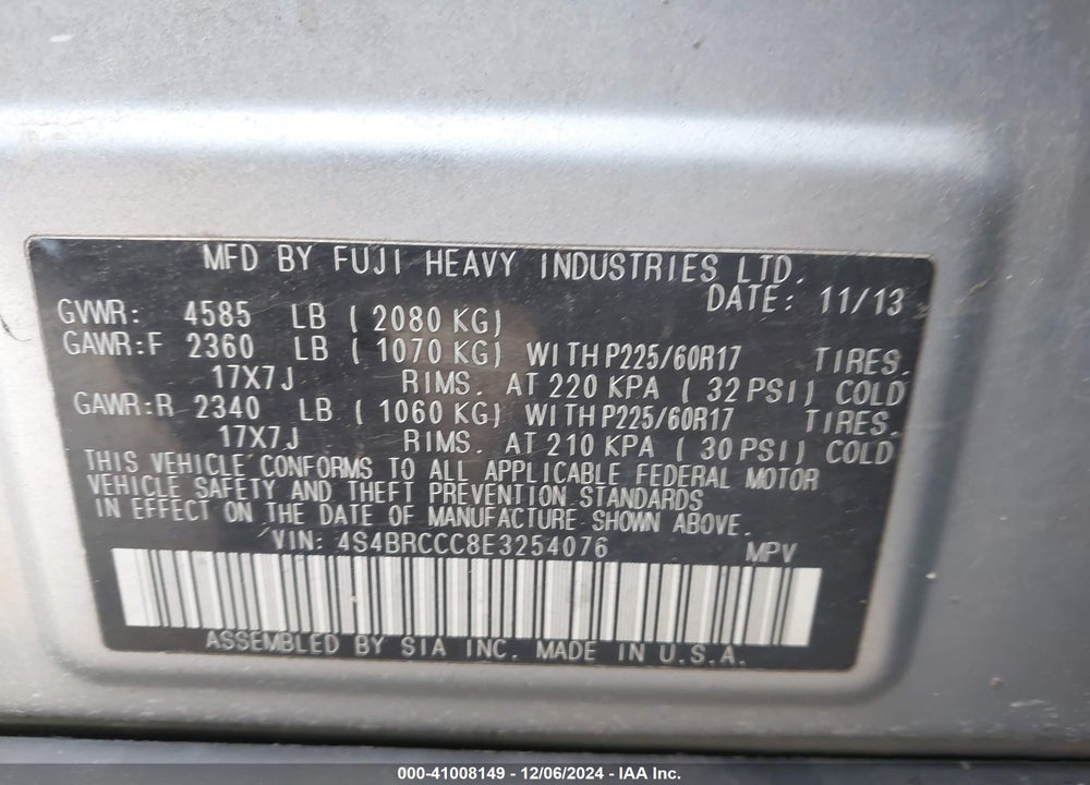 2014 SUBARU OUTBACK 2.5I PREMIUM VIN: 4S4BRCCC8E3254076