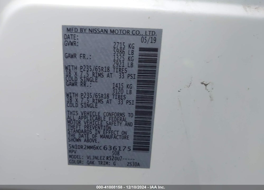 2019 NISSAN PATHFINDER SV VIN: 5N1DR2MM6KC636175