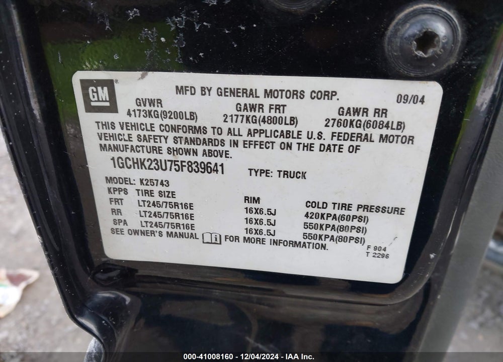 2005 CHEVROLET SILVERADO 2500HD LS VIN: 1GCHK23U75F839641