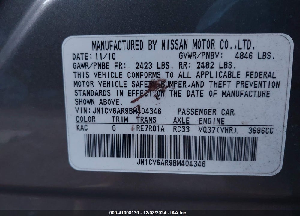 2011 INFINITI G37X VIN: JN1CV6AR9BM404346