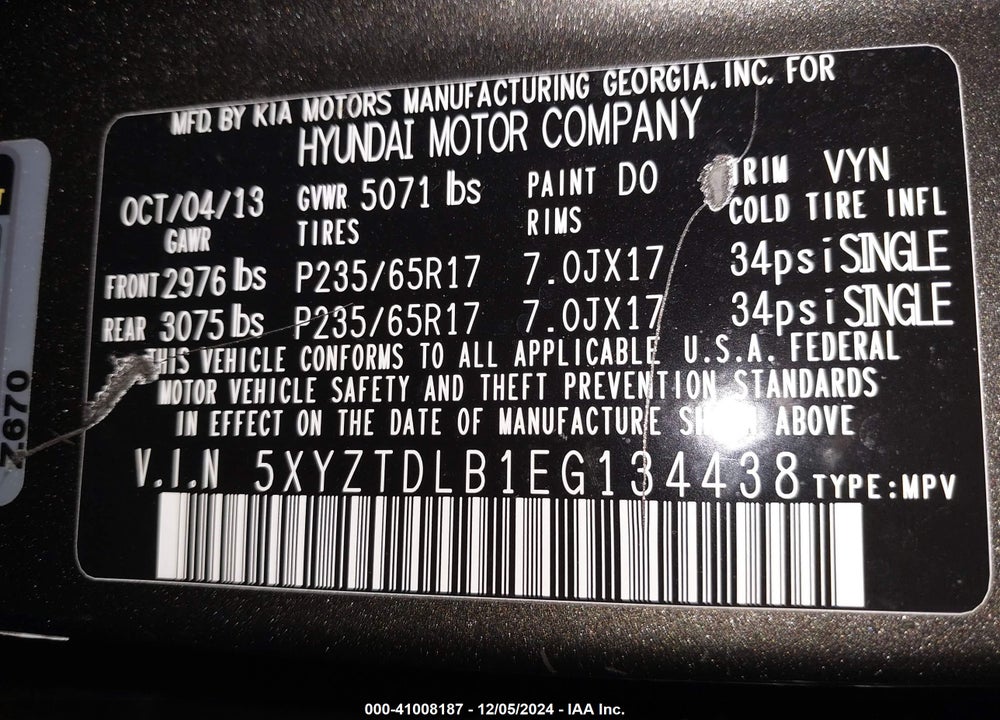 2014 HYUNDAI SANTA FE SPORT VIN: 5XYZTDLB1EG134438