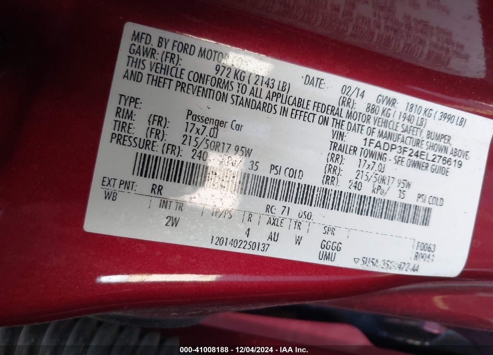2014 FORD FOCUS SE VIN: 1FADP3F24EL276619