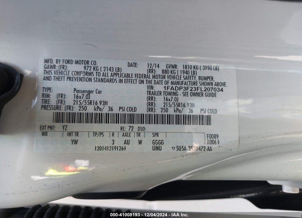 2015 FORD FOCUS SE VIN: 1FADP3F23FL207034