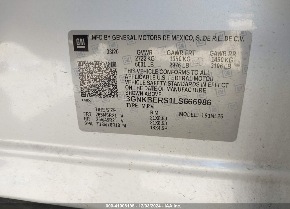 2020 CHEVROLET BLAZER FWD RS VIN: 3GNKBERS1LS666986