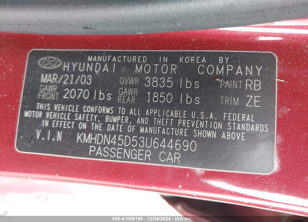 2003 HYUNDAI ELANTRA GLS/GT VIN: KMHDN45D53U644690