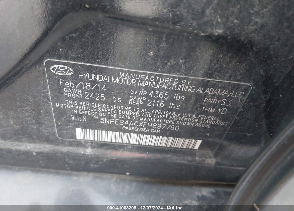 2014 HYUNDAI SONATA VIN: 5NPEB4ACXEH897760