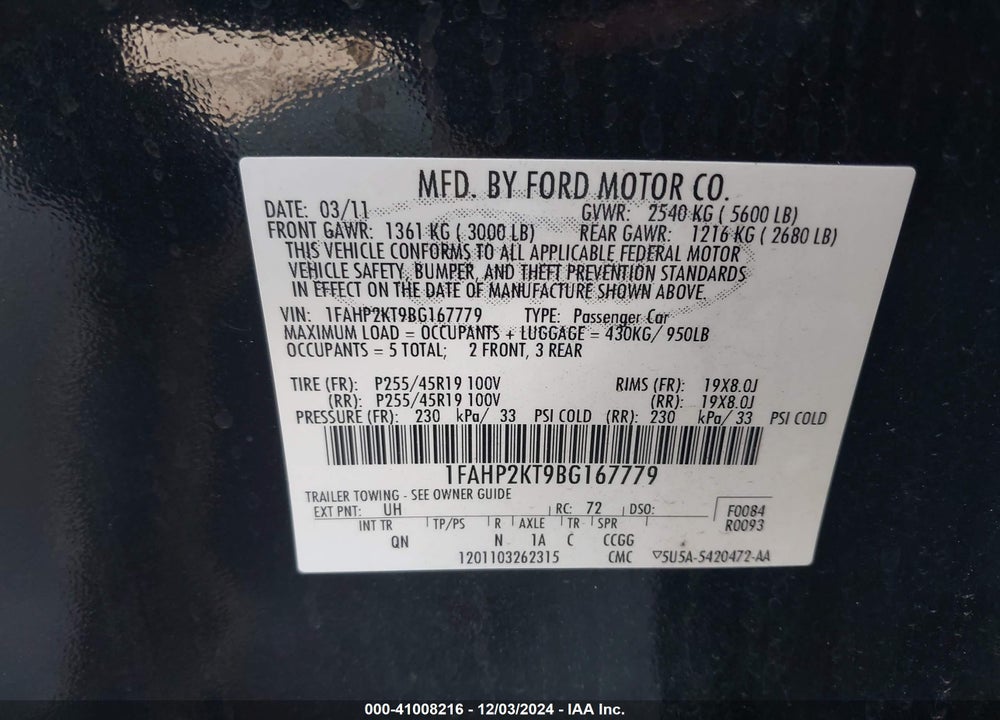 2011 FORD TAURUS SHO VIN: 1FAHP2KT9BG167779