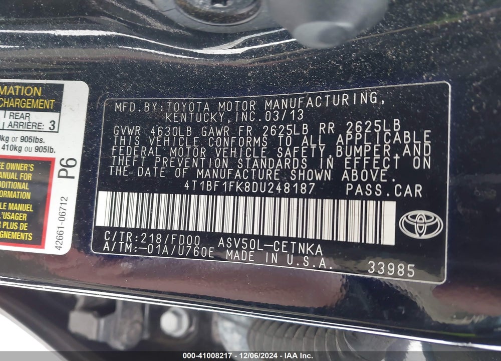 2013 TOYOTA CAMRY LE VIN: 4T1BF1FK8DU248187
