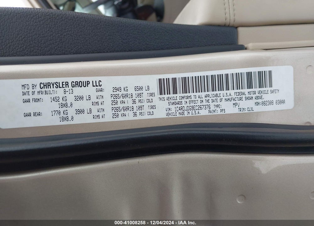 2014 DODGE DURANGO LIMITED VIN: 1C4RDJDG9EC267376