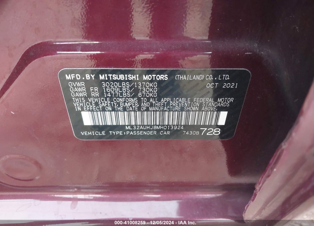 2021 MITSUBISHI MIRAGE CARBONITE EDITION/ES/LE VIN: ML32AUHJ8MH013924