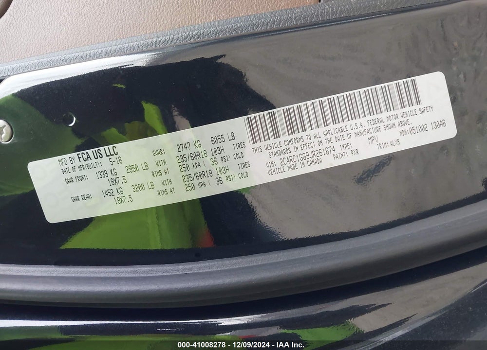 2018 CHRYSLER PACIFICA LIMITED VIN: 2C4RC1GG9JR261674