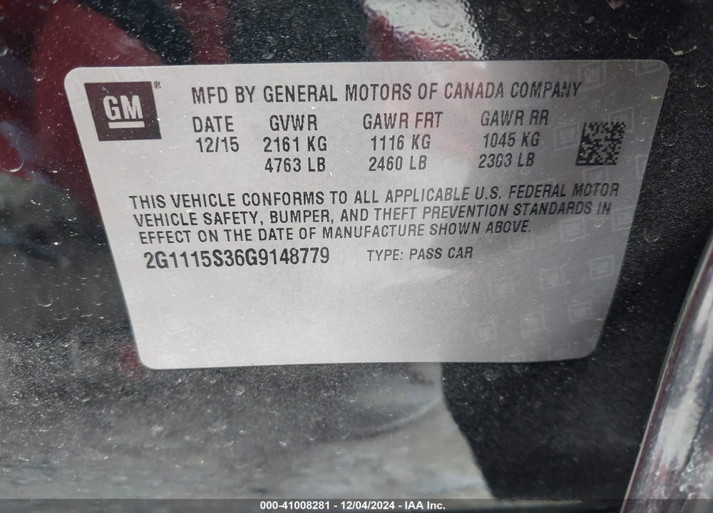 2016 CHEVROLET IMPALA 2LT VIN: 2G1115S36G9148779