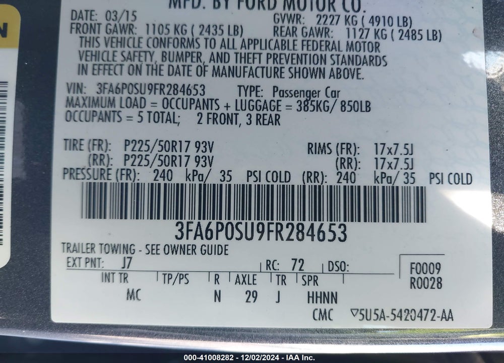 2015 FORD FUSION ENERGI TITANIUM VIN: 3FA6P0SU9FR284653