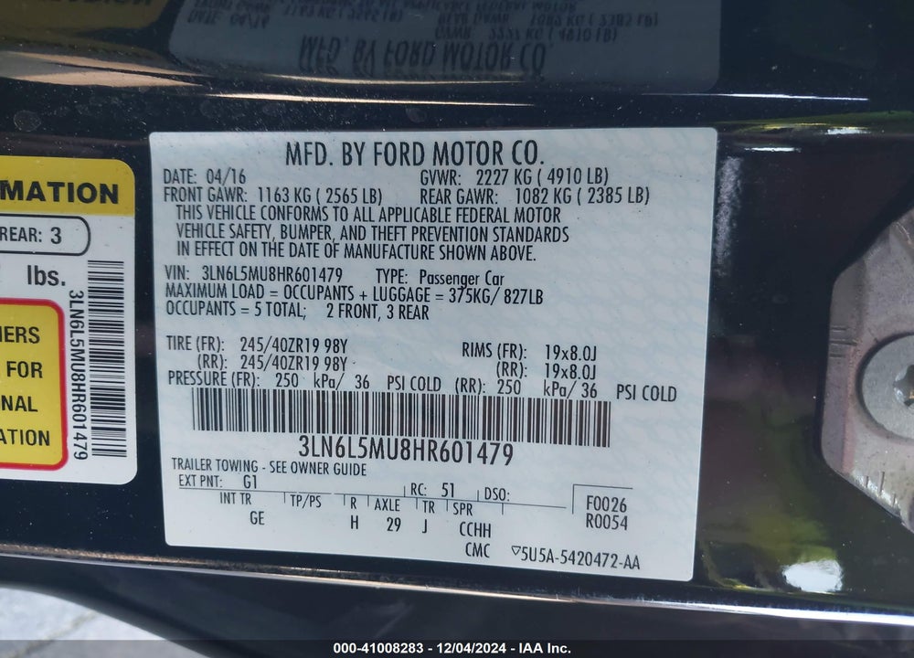 2017 LINCOLN MKZ HYBRID RESERVE VIN: 3LN6L5MU8HR601479