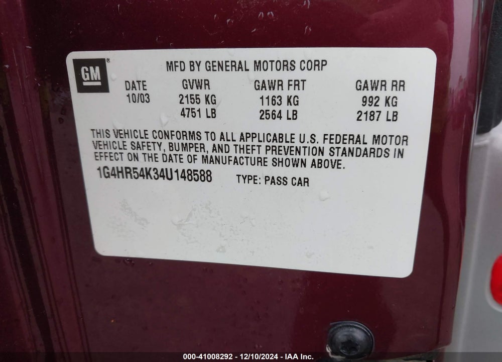 2004 BUICK LESABRE LIMITED VIN: 1G4HR54K34U148588