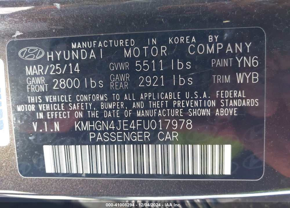 2015 HYUNDAI GENESIS VIN: KMHGN4JE4FU017978