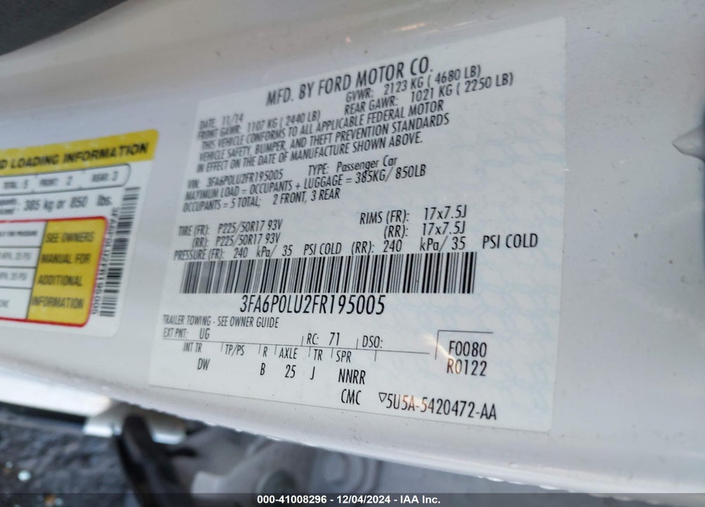 2015 FORD FUSION VIN: 3FA6P0LU2FR195005