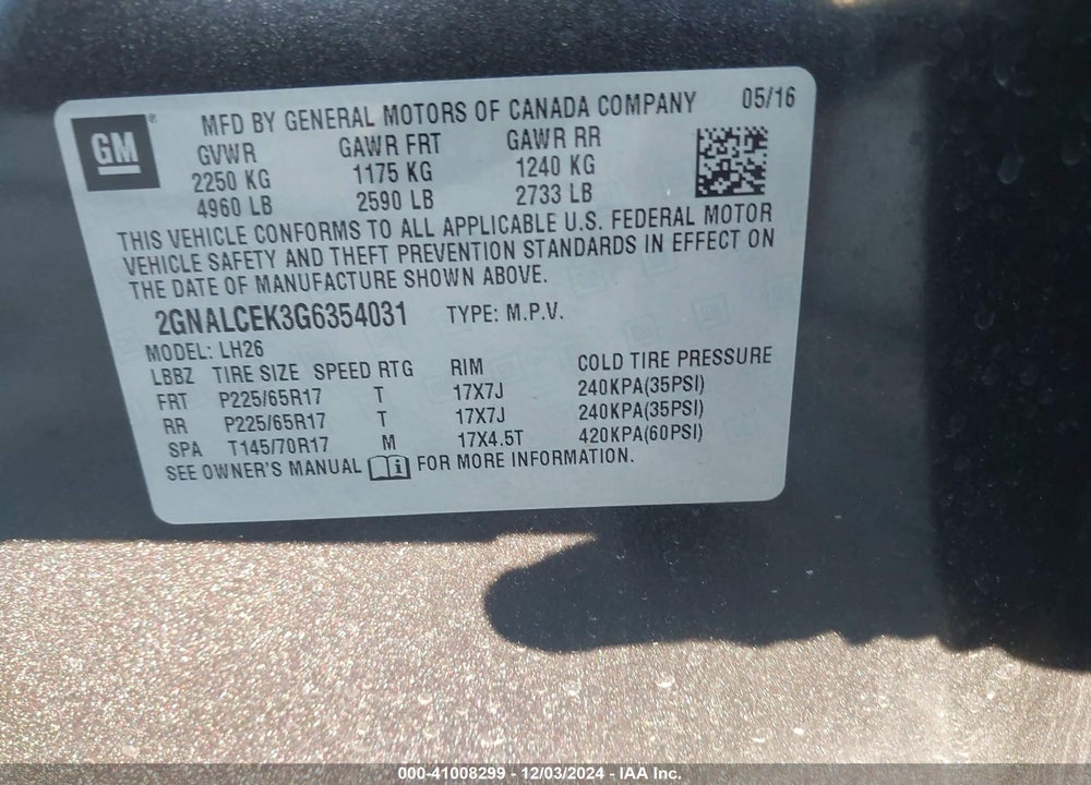 2016 CHEVROLET EQUINOX LT VIN: 2GNALCEK3G6354031