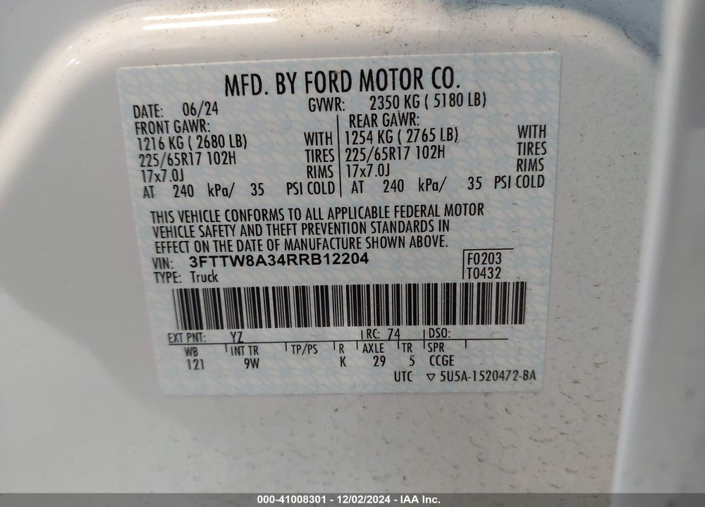 2024 FORD MAVERICK XL VIN: 3FTTW8A34RRB12204