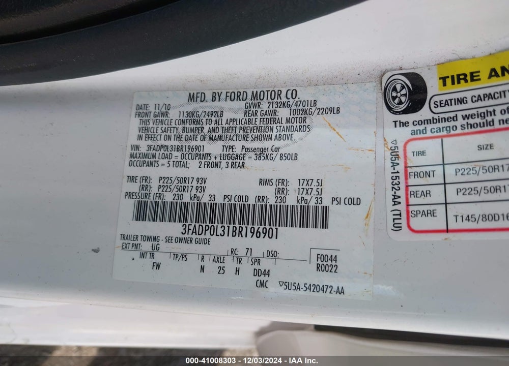 2011 FORD FUSION HYBRID VIN: 3FADP0L31BR196901